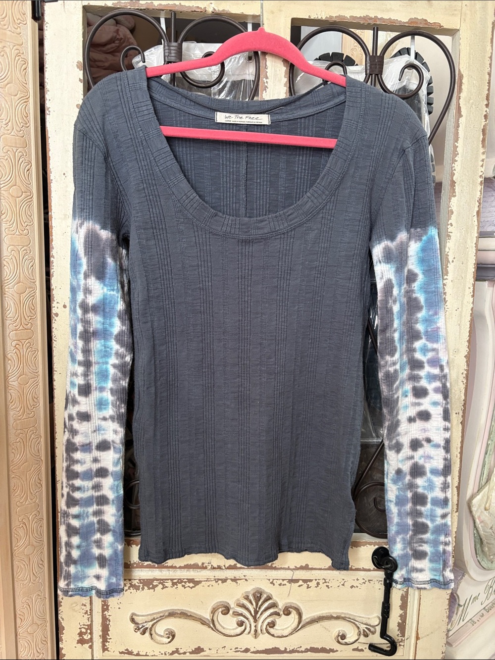 We The Free Charcoal Ribbed Long Sleeve Top with Blue and White Tie-Dye Sleeves